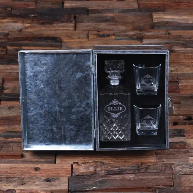 Personalized Decanter, Whiskey Glasses And Steel Box With Lock