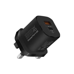 Promate 33W Gan Charger | Round Pin Dual Port Fast QC PD Adapter with Qualcomm Quick Charge | Compatible with iPhone 15, 15 Pro, 15 Pro Max, 14,13,12,11, iPad, Samsung, OnePlus,  PowerPort-33