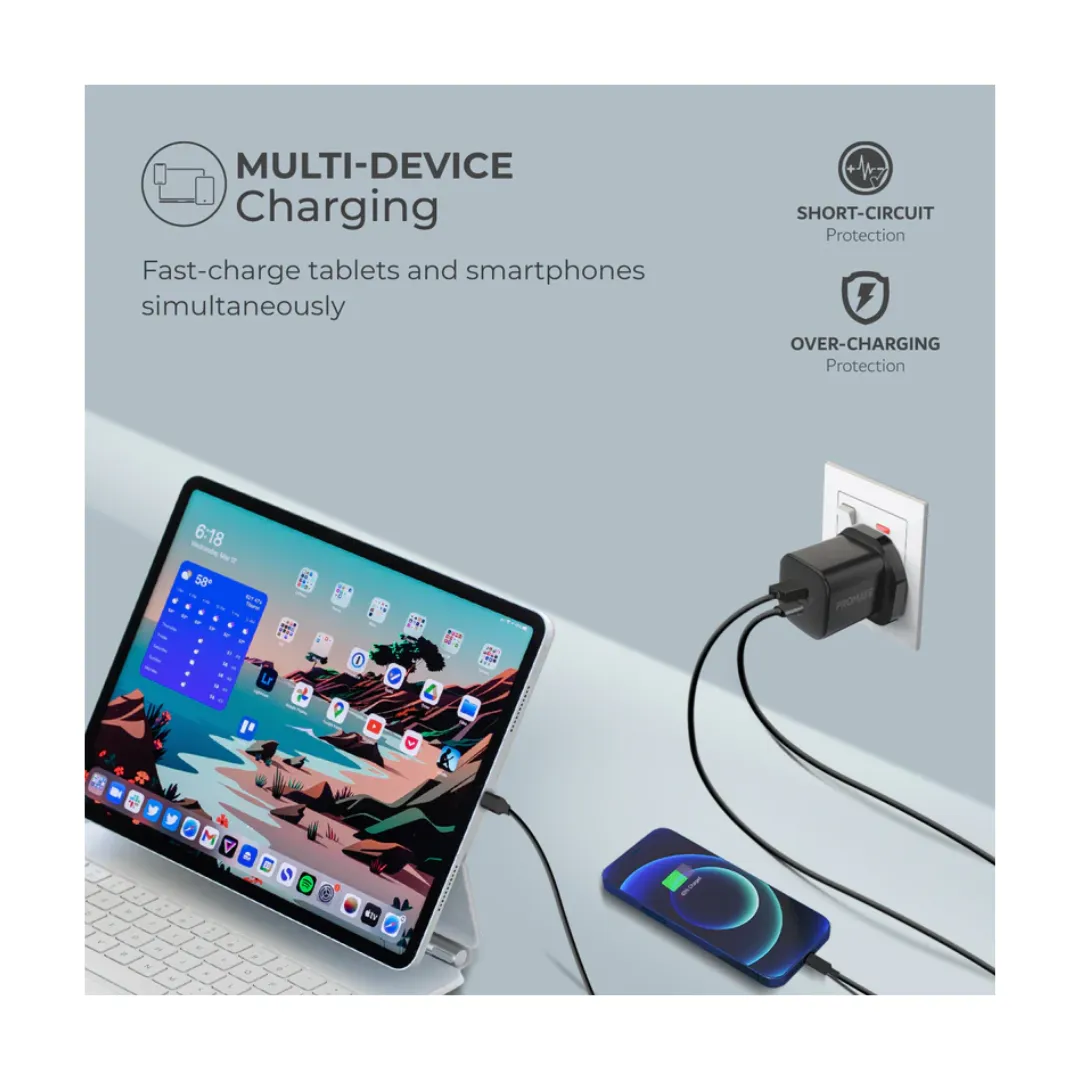 Promate 33W Gan Charger | Round Pin Dual Port Fast QC PD Adapter with Qualcomm Quick Charge | Compatible with iPhone 15, 15 Pro, 15 Pro Max, 14,13,12,11, iPad, Samsung, OnePlus,  PowerPort-33