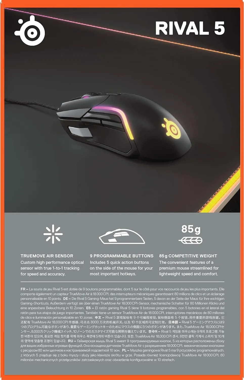 SteelSeries Rival 5 Gaming Mouse, 18,000 CPI Sensor, 9 Programmable Buttons, 85g, FPS, MOBA, MMO, Battle Royale, Black