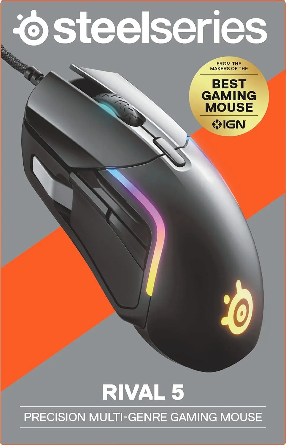 SteelSeries Rival 5 Gaming Mouse, 18,000 CPI Sensor, 9 Programmable Buttons, 85g, FPS, MOBA, MMO, Battle Royale, Black