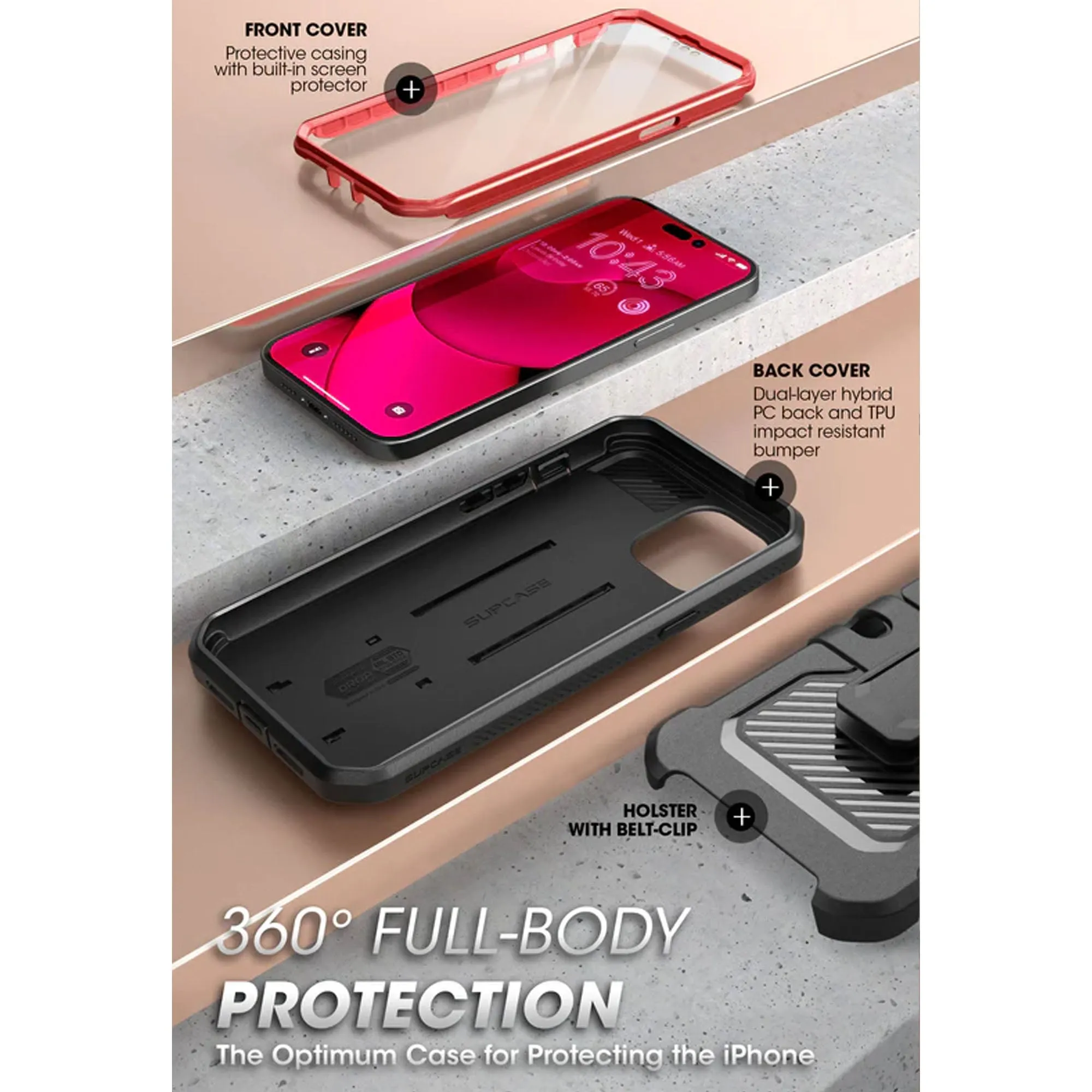 Supcase Unicorn Beetle UB PRO for iPhone 14 Plus - Rugged Case with Built-In Screen Protector - Metallic Red