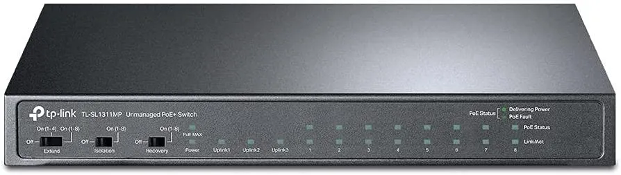 TP-Link TL-SL1311MP 8-Port Unmanaged Desktop PoE  Switch, 8-Port 10/100Mbps   2-Port Gigabit RJ45 & 1 Gigabit SFP