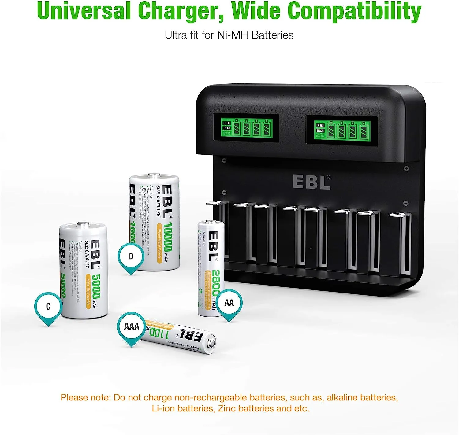 Universal Battery Charger - AA AAA C D Battery Charger for Rechargeable Batteries Ni-MH with 2A USB Port, Type C Input, Fast Charger