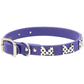 Vegan Leather Dog Collar - Disney Purple PU w Silver Cast Minnie Mouse Bow Embellishments and Charm