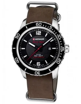 Wenger Mens Roadster Black Night - Black Dial - Brown Leather NATO Strap