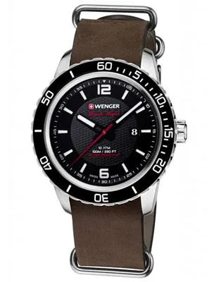 Wenger Mens Roadster Black Night - Black Dial - Brown Leather NATO Strap