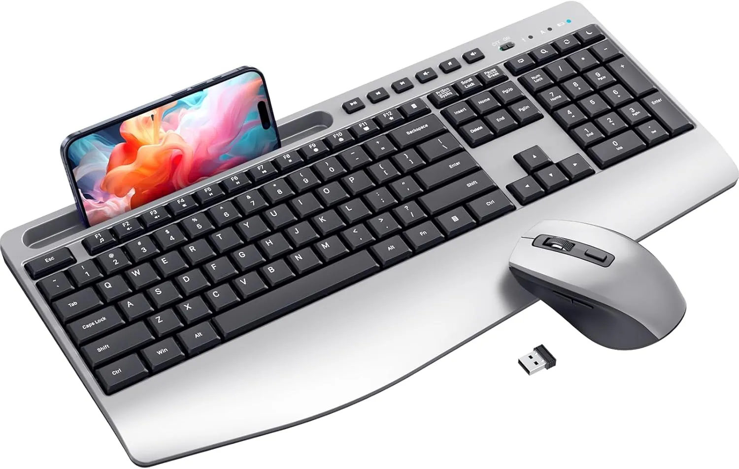 Wireless Keyboard and Mouse Combo,LIZRROT Ergonomic Computer Keyboard with Wrist Rest,2.4GHz Full-Sized Silent Mouse and Keyboard Combo with Phone Holder for Window, Mac, PC, Laptop,Silver