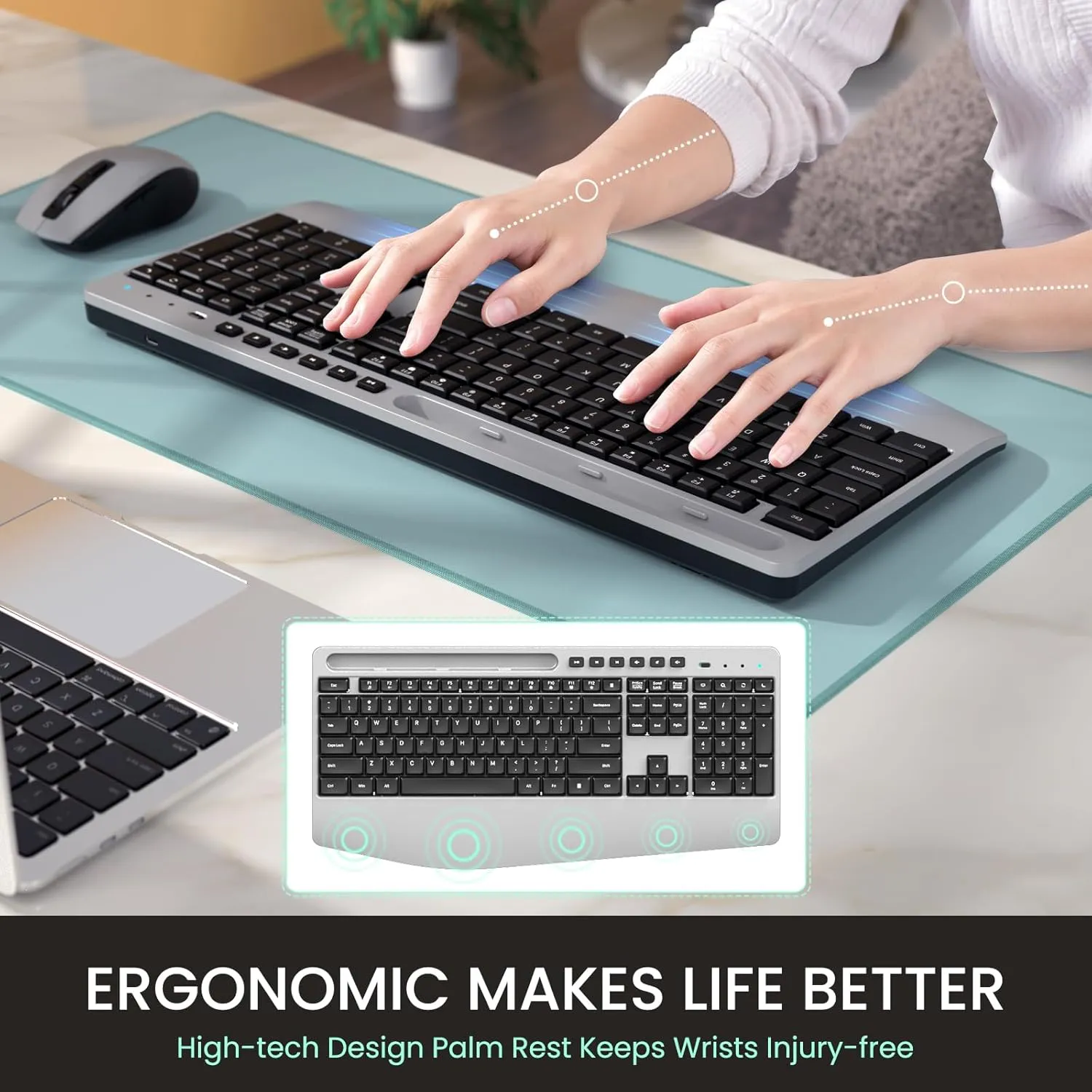 Wireless Keyboard and Mouse Combo,LIZRROT Ergonomic Computer Keyboard with Wrist Rest,2.4GHz Full-Sized Silent Mouse and Keyboard Combo with Phone Holder for Window, Mac, PC, Laptop,Silver