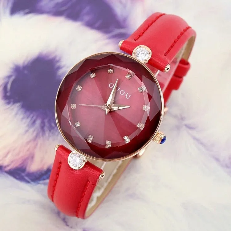 Women's Watch red diamond leather strap simple waterproof elegant watch