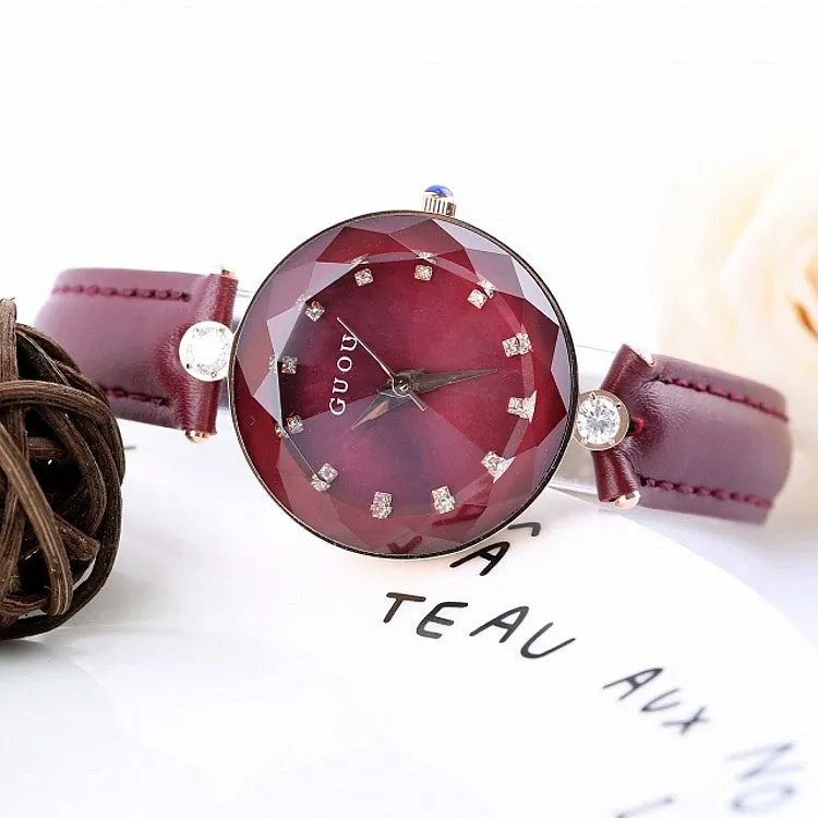 Women's Watch red diamond leather strap simple waterproof elegant watch